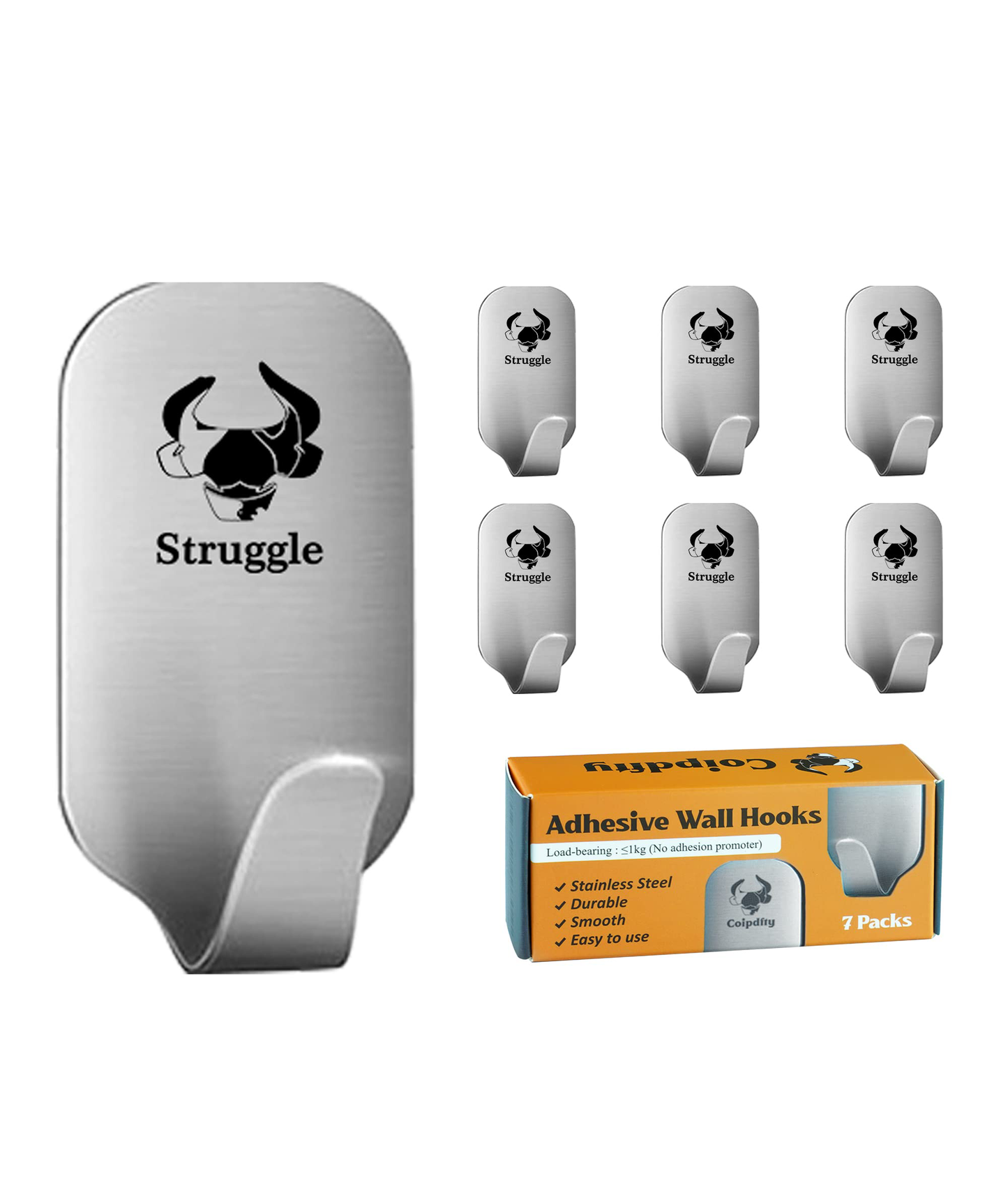 "Premium Stainless Steel Adhesive Hooks - Heavy Duty, Waterproof, and Versatile | 7 Pack"