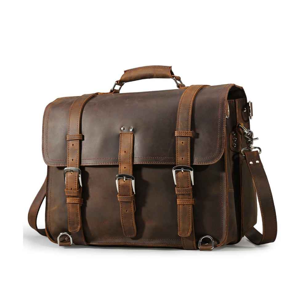 17'' Men's Large Handmade Vintage Full Grain Leather Backpack Briefcase With Adjustable Shoulder Strap