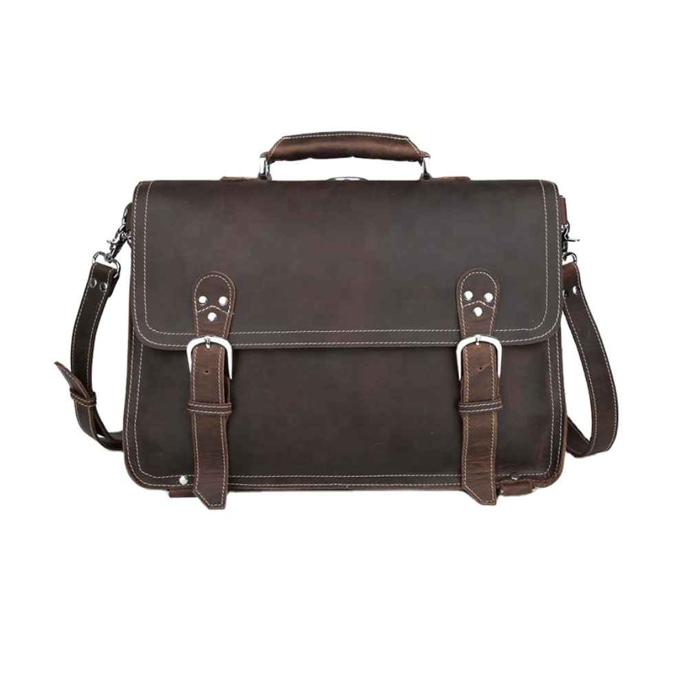 Coipdfty Vintage Style Crazy Horse Leather Dark Brown Business Briefcase Bag 15.6 inch Leather Laptop Messenger Backpack For Men