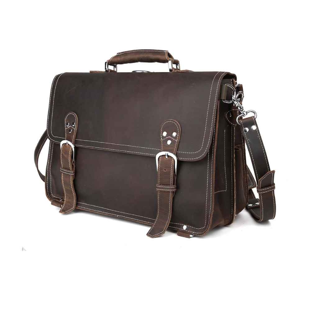 Coipdfty Vintage Style Crazy Horse Leather Dark Brown Business Briefcase Bag 15.6 inch Leather Laptop Messenger Backpack For Men
