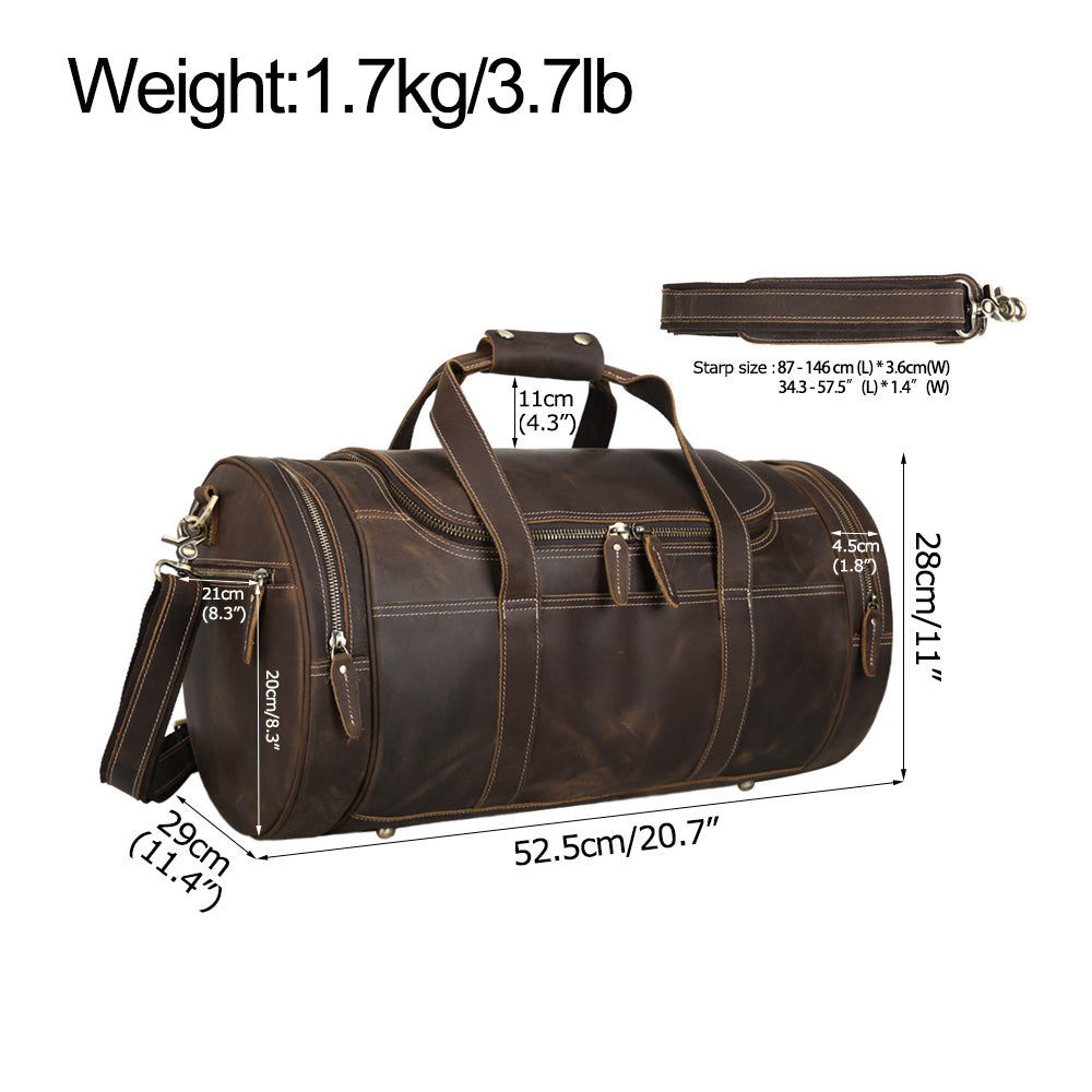 High Capacity Vintage Brown Genuine Leather Cylinder Weekend Overnight Bag Duffel Holdall Gym Sport Bag Travel Bag