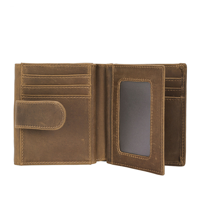 Brown handmade large-capacity crazy horse leather tri-fold wallet with coin pocket