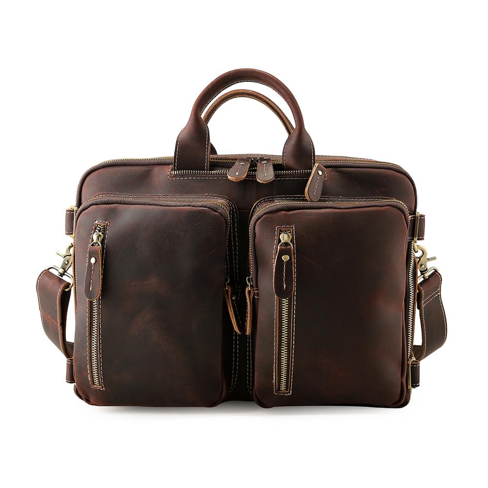 COIPDFTY Mens 14 Inch Genuine Leather Laptop Bag Multi Function Briefcase Backpack