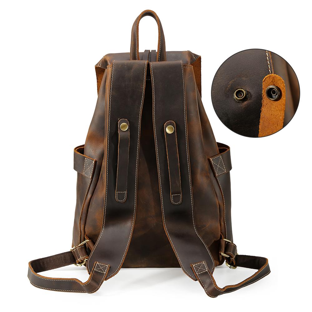 COIPDFTY Men Brown Travel Vintage back pack Genuine Leather Drawstring Backpack
