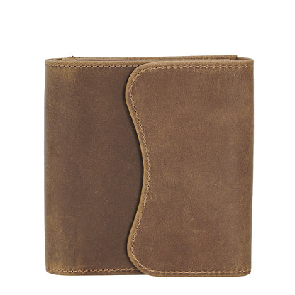 Brown handmade large-capacity crazy horse leather tri-fold wallet with coin pocket