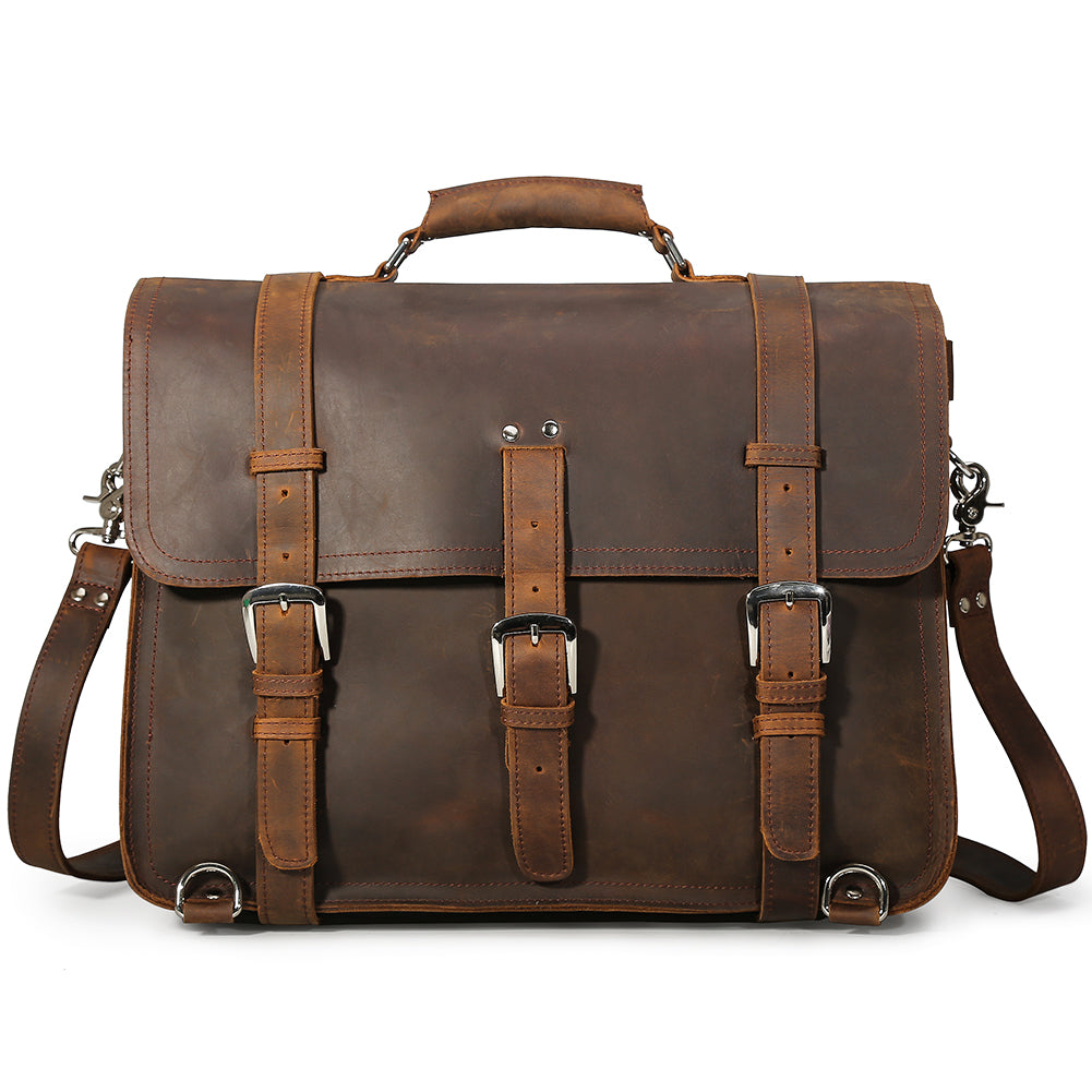 17'' Men's Large Handmade Vintage Full Grain Leather Backpack Briefcase With Adjustable Shoulder Strap