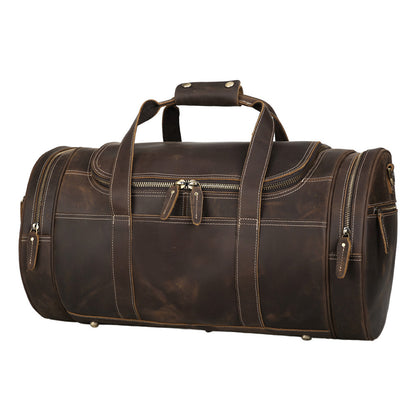 High Capacity Vintage Brown Genuine Leather Cylinder Weekend Overnight Bag Duffel Holdall Gym Sport Bag Travel Bag