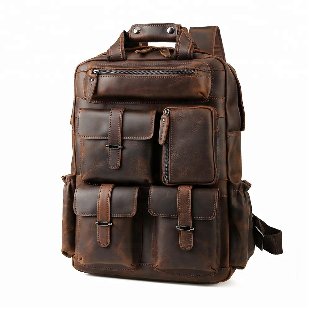 COIPDFTY 16 Inch Genuine Leather Laptop Travel Cowhide Leather Multiple Laptop Day Pack Crazy Horse Leather Backpack