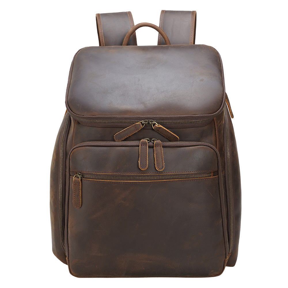 Dark Brown Male Genuine Leather Back Pack Bag Vintage 15.6 Inch Laptop Backpack Bag