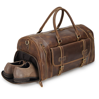 Vintage Large Mens Weekender Top Grain Crazy Horse Leather Travel Duffle Bag Overnight Bag With Shoe Compartment
