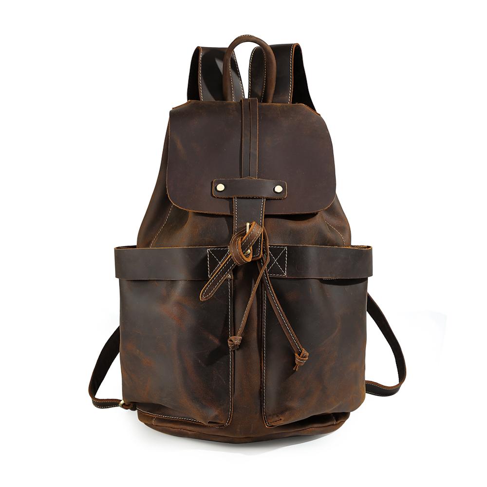 COIPDFTY Men Brown Travel Vintage back pack Genuine Leather Drawstring Backpack