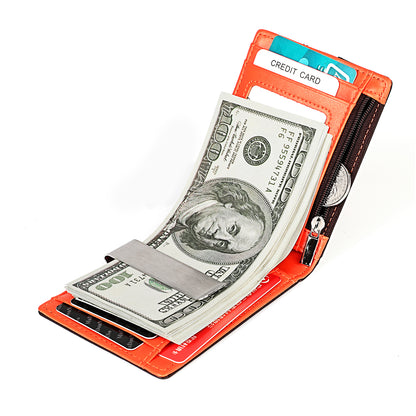 RFID Blocking Slim Real Genuine Leather Bifold Wallet With Metal Cash Clip