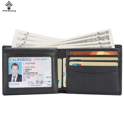 Fashion WaterProof Luxury Bifold Black RFID Blocking Mens Genuine Leather Wallet