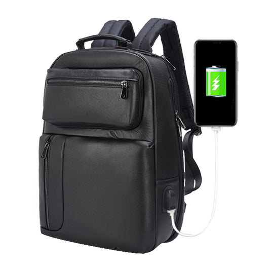 COIPDFTY Fashion Premium Black Waterproof Full Grain Genuine Leather Laptop Backpack Rucksack Back pack Bag With USB