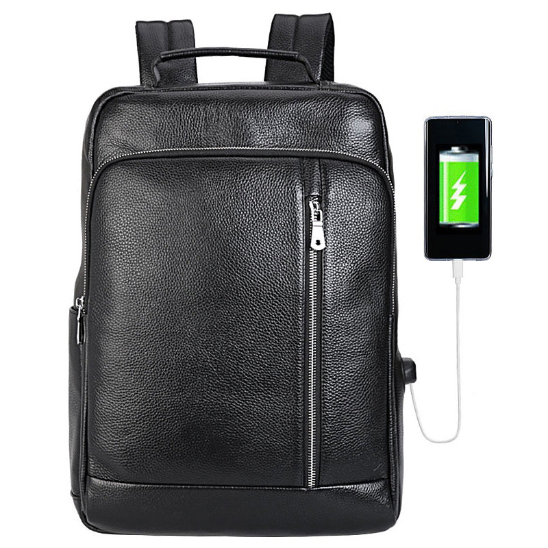 COIPDFTY Black 'Geniune' Leather Usb Charger Backpack School Leather back Bag For Man