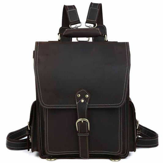 High Quality Vintage Crazy Horse Brown Leather Travel Rucksack Backpack For Men