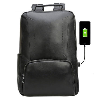 COIPDFTY Black Genuine Leather Modern Backpack Mens Sport Laptop Backpack Bag With Usb Charging Port