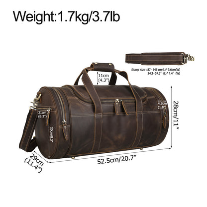 High Capacity Vintage Brown Genuine Leather Cylinder Weekend Overnight Bag Duffel Holdall Gym Sport Bag Travel Bag