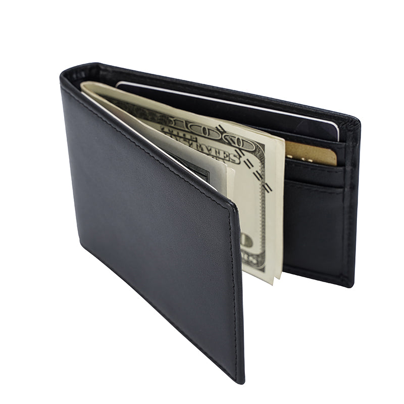 RFID Blocking Fashion Men Slim Black Soft Leather Wallet With Metal Clip