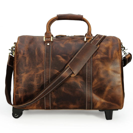 High Quality Genuine Leather Travel Trolley Bags Men's Handmade Crazy Horse Leather Luggage Bag for Travel