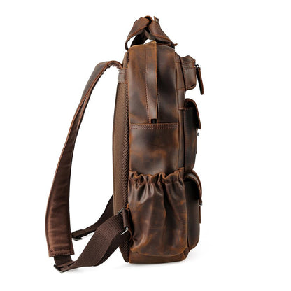 COIPDFTY 16 Inch Genuine Leather Laptop Travel Cowhide Leather Multiple Laptop Day Pack Crazy Horse Leather Backpack