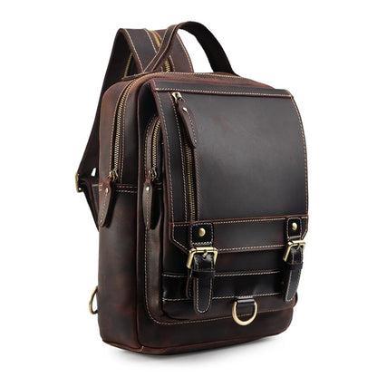 COIPDFTY Small Sling Genuine Leather Chest Backpack Unisex Vintage Leather Back pack