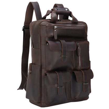 COIPDFTY Men's Full Grain Genuine Leather Rucksack Retro Laptop Real Leather Backpack Bag For 16 Inches