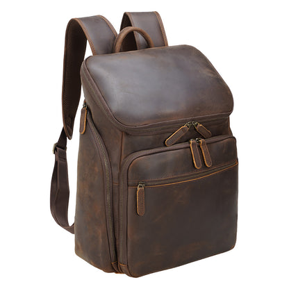 Dark Brown Male Genuine Leather Back Pack Bag Vintage 15.6 Inch Laptop Backpack Bag