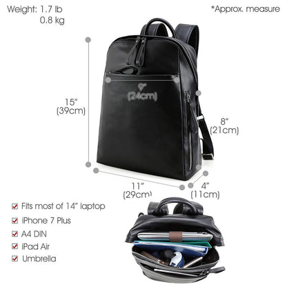 COIPDFTY 14 Inches Laptop Nappa Leather Back pack Light Weight Full Grain Black Real Calf Leather Backpack
