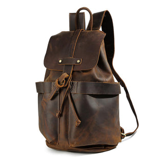 [ On Sale ] COIPDFTY Men Brown Travel Vintage back pack Genuine Leather Drawstring Backpack
