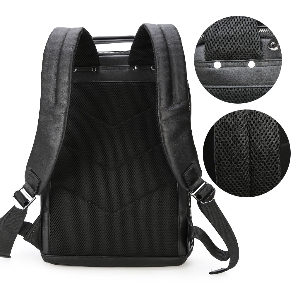 COIPDFTY Black Genuine Leather Modern Backpack Mens Sport Laptop Backpack Bag With Usb Charging Port