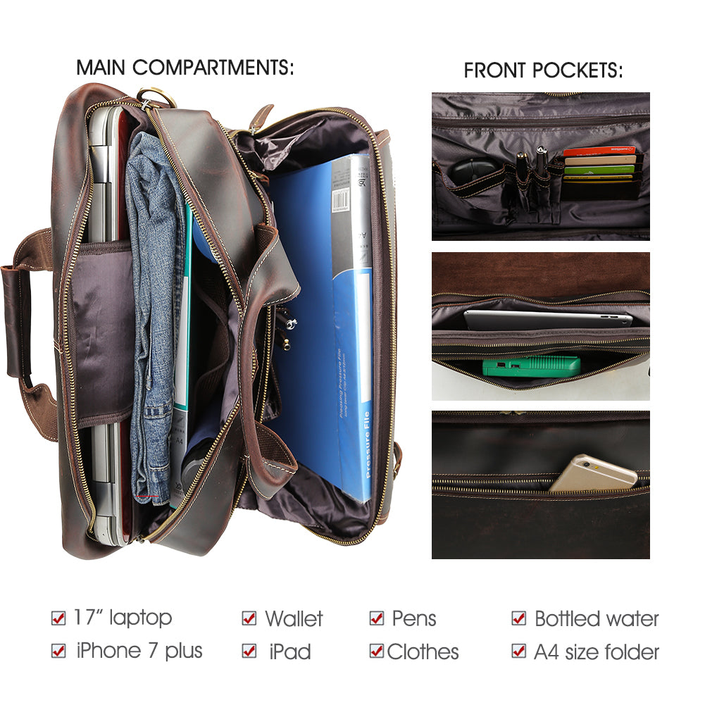 Coipdfty Vintage Large Capacity 17 Inch Cowhide Genuine Leather Travel Briefcase Bag Crazy Horse Leather Briefcas