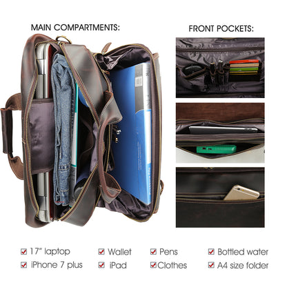 Coipdfty Vintage Large Capacity 17 Inch Cowhide Genuine Leather Travel Briefcase Bag Crazy Horse Leather Briefcas