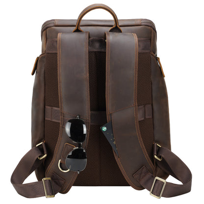 Dark Brown Male Genuine Leather Back Pack Bag Vintage 15.6 Inch Laptop Backpack Bag