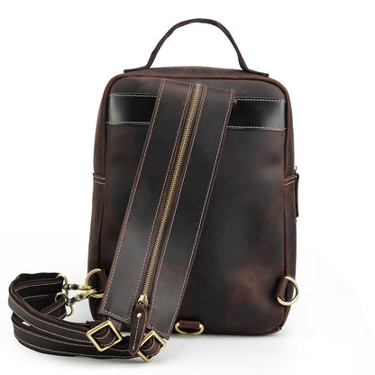 COIPDFTY Small Sling Genuine Leather Chest Backpack Unisex Vintage Leather Back pack