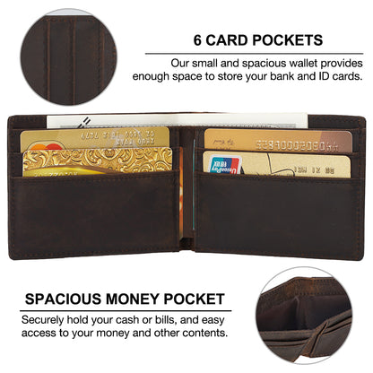 RFID Crazy Horse Leather Wallet Men Slim Genuine Engraved Leather Wallet For Man