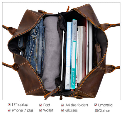 Vintage Mens Full Grain Crazy Horse Leather Weekender Overnight Duffle Bag Genuine Leather Travel Duffel Bag
