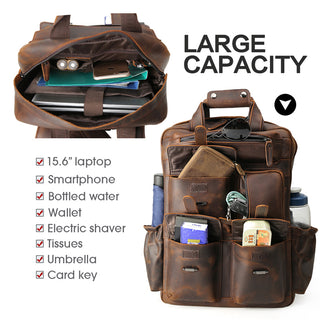 [ On Sale ] COIPDFTY 16 Inch Genuine Leather Laptop Travel Cowhide Leather Multiple Laptop Day Pack Crazy Horse Leather Backpack