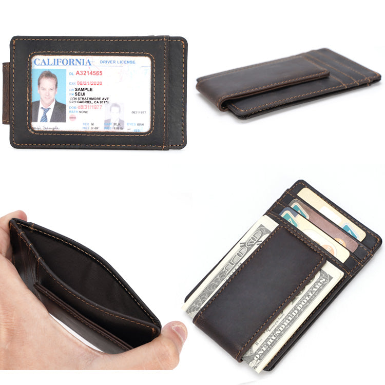 Men Custom Brown Genuine Leather RFID Blocking Strong Magnet Money Clip Real Leather Money Clip Card Holder