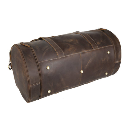 High Capacity Vintage Brown Genuine Leather Cylinder Weekend Overnight Bag Duffel Holdall Gym Sport Bag Travel Bag