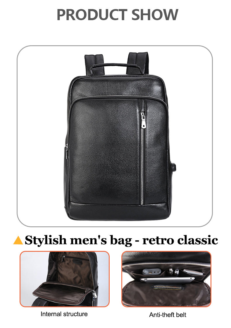 COIPDFTY Black 'Geniune' Leather Usb Charger Backpack School Leather back Bag For Man