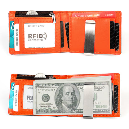 RFID Blocking Slim Real Genuine Leather Bifold Wallet With Metal Cash Clip
