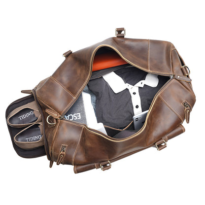 Vintage Large Mens Weekender Top Grain Crazy Horse Leather Travel Duffle Bag Overnight Bag With Shoe Compartment