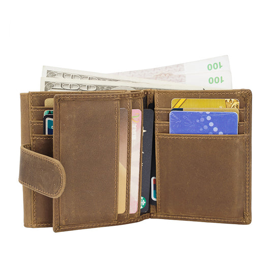 Brown handmade large-capacity crazy horse leather tri-fold wallet with coin pocket