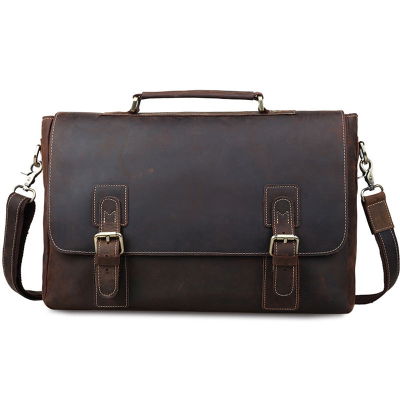 Coipdfty Male Genuine Cow Leather Vintage Shoulder Laptop Briefcase Handbag 14 Inches Laptop Briefcase For Men