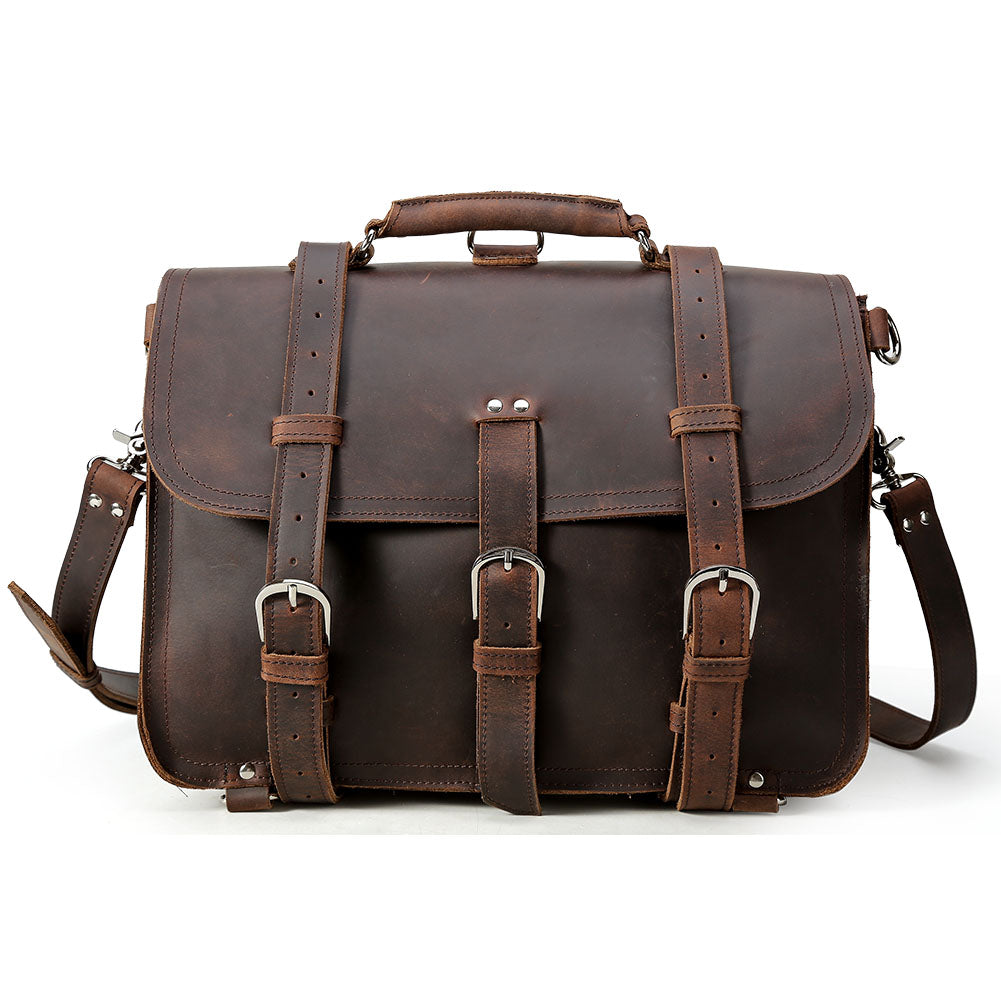 Coipdfty 17'' Men's Large Handmade Vintage Full Grain Leather Backpack Briefcase With Adjustable Shoulder Strap
