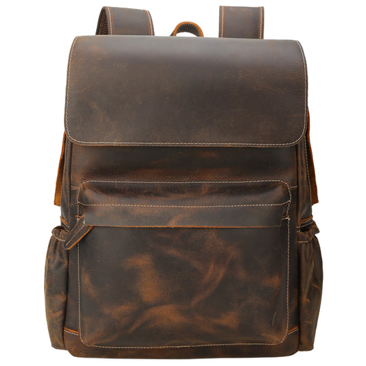 COIPDFTY Full Grain Crazy Horse Leather College Bag School Bookbag Backpack Travel Rucksack