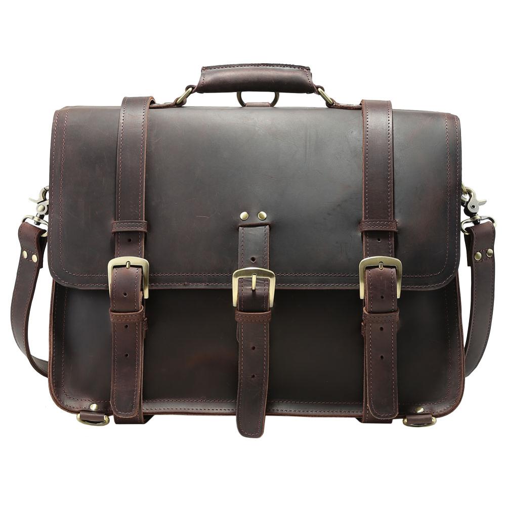 17'' Men's Large Handmade Vintage Full Grain Leather Backpack Briefcase With Adjustable Shoulder Strap