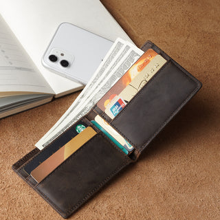 [ On Sale ] RFID Crazy Horse Leather Wallet Men Slim Genuine Engraved Leather Wallet For Man