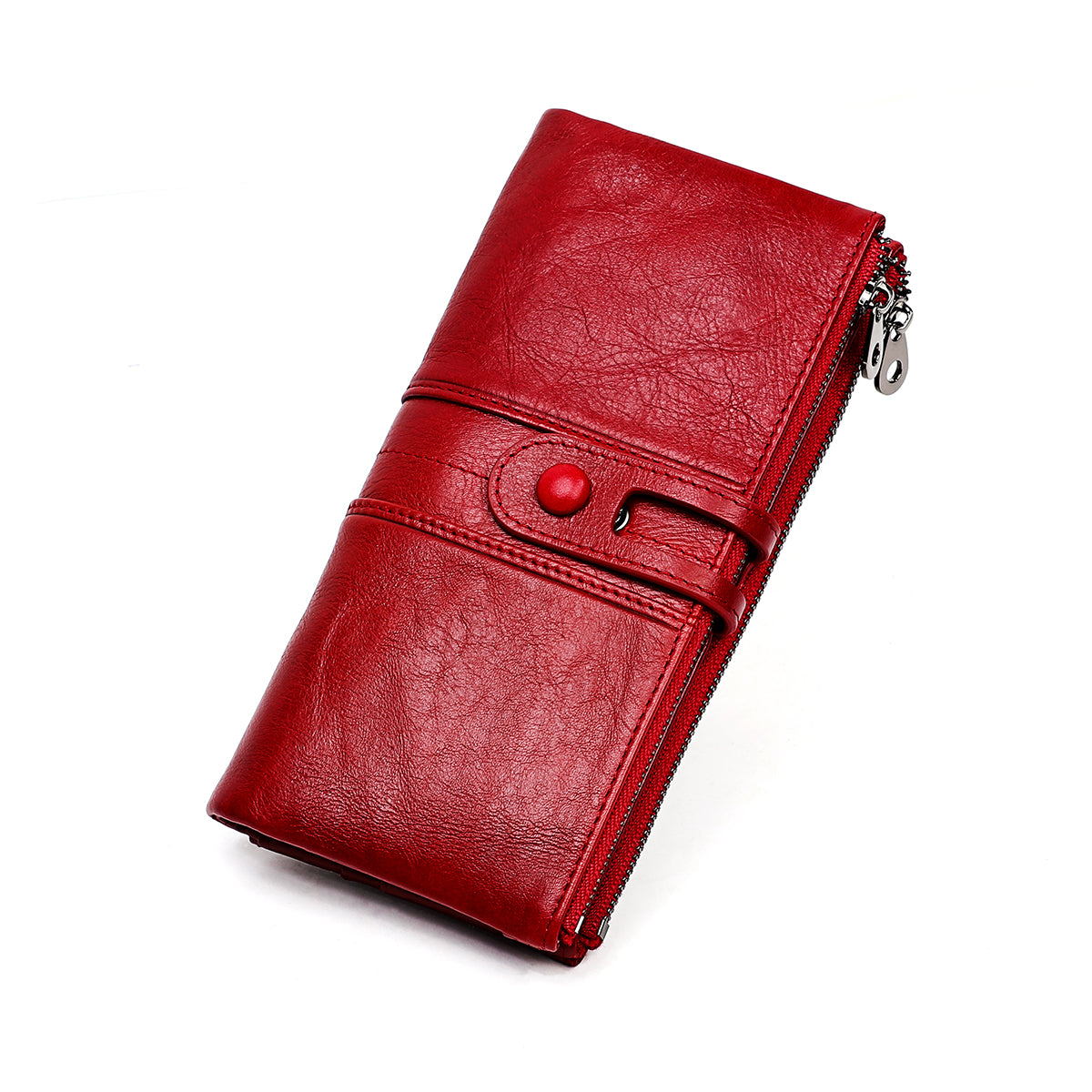 Lady Oil Wax Genuine Soft Leather Women Long Clutch Zipper Travel Bifold Wallet With Sim Card Slot